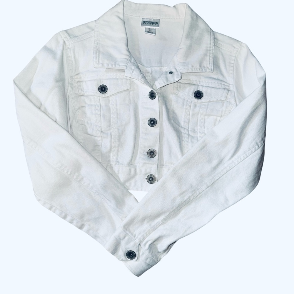 White Cropped Denim Jacket Motherhood Maternity Size M Button Front Stretch - Picture 2 of 5